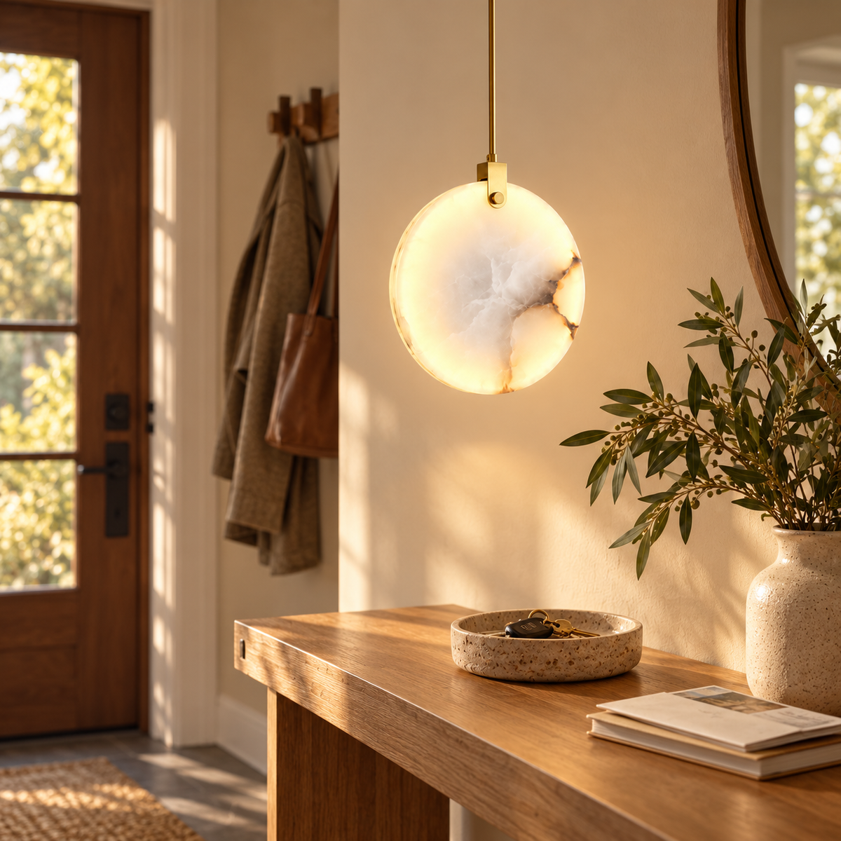 Marble Disc LED Pendant Light – Warm White Bedside & Dining Lamp, 15–25cm or Pairs