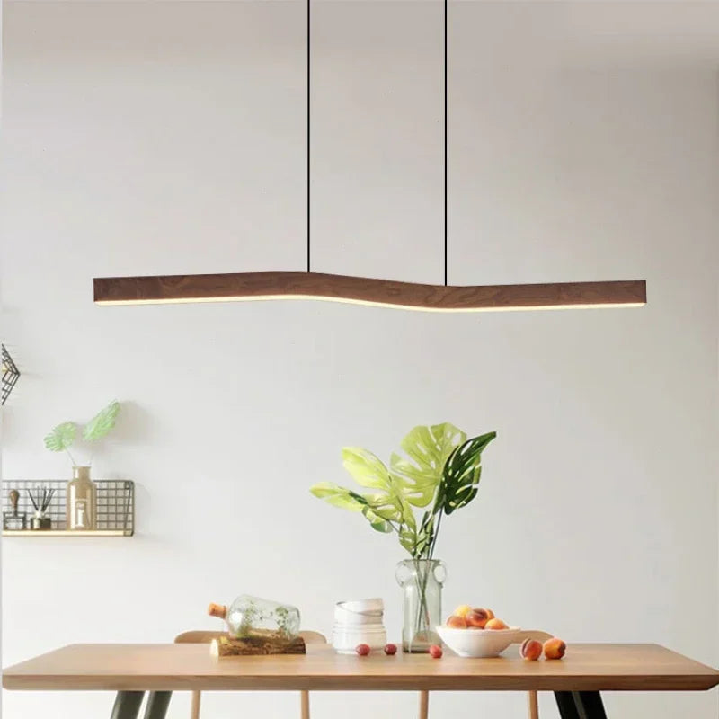 Modern Linear LED Pendant Light – Walnut Wood Effect Hanging Ceiling Light for Dining Room, Kitchen Island, Restaurant & Office