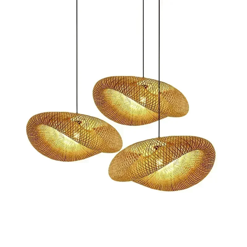 Bamboo Hand Weaving Pendant Lights 38Cm Hanging LED Ceiling Lamp Chandelier Fixture Rattan Hand Craft Woven Home Bedroom Decor