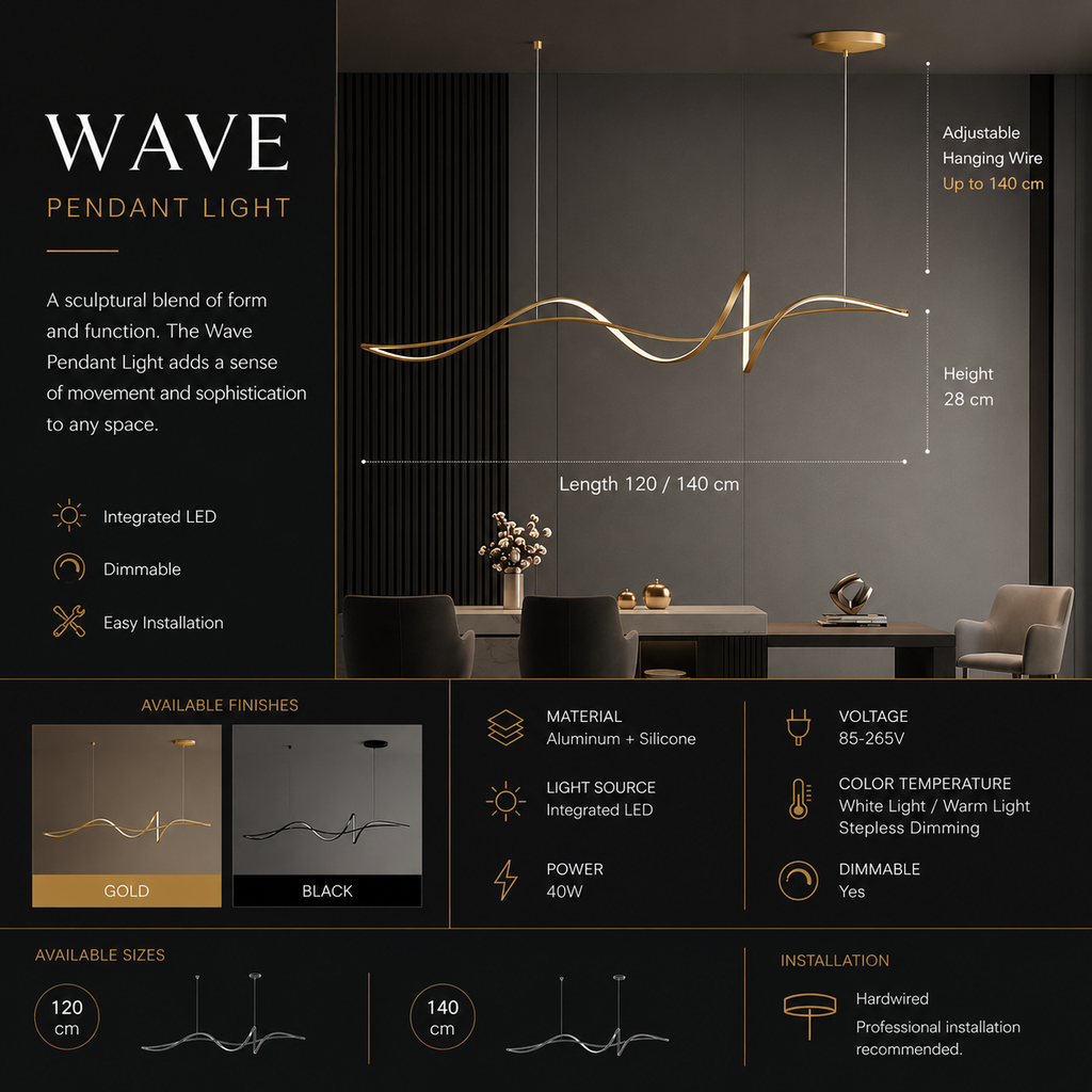 Modern LED Pendant Light – Minimalist Hanging Ceiling Light for Dining Room, Kitchen Island, Living Room & Bar – Black or Gold