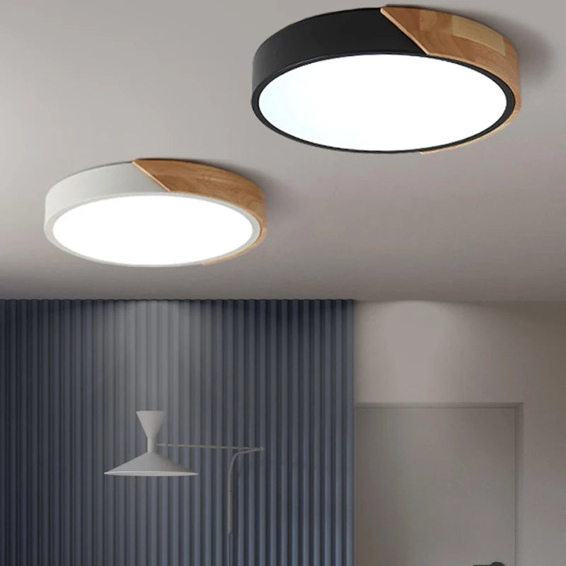 Round LED Ceiling Light with Wood-Effect Accent and Remote Dimming