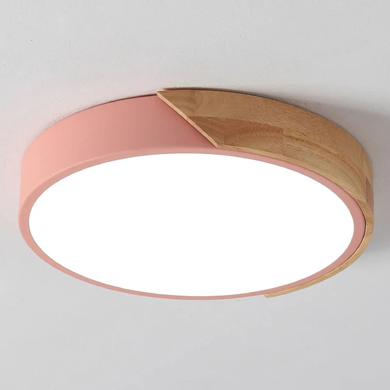 Round LED Ceiling Light with Wood-Effect Accent and Remote Dimming