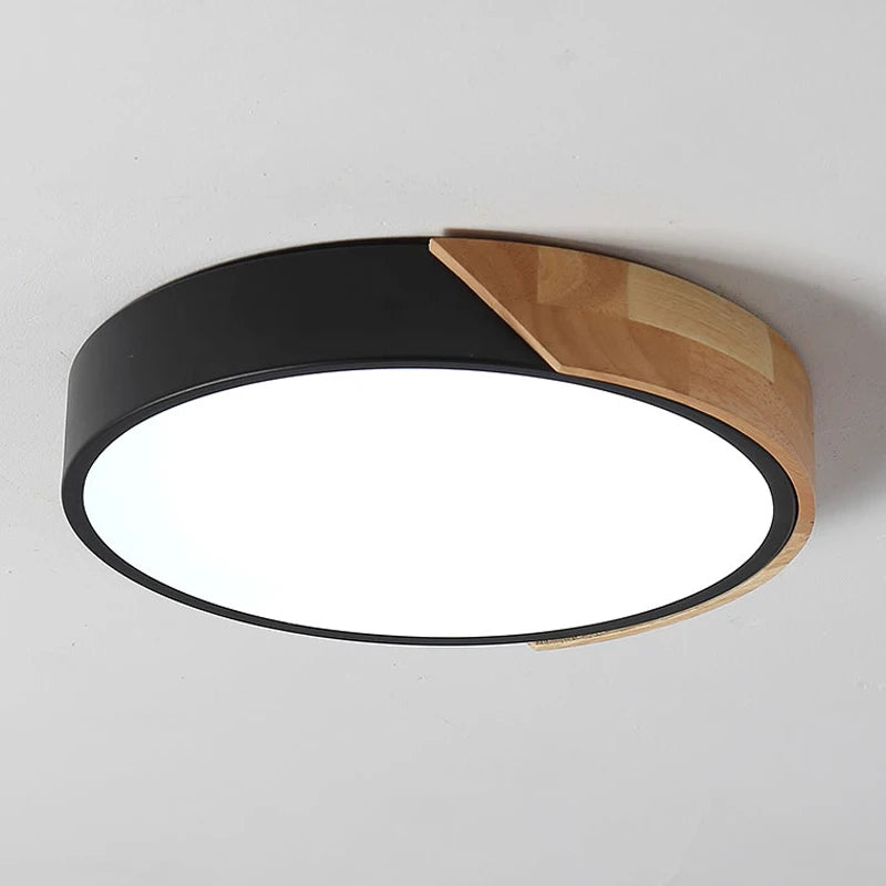 Round LED Ceiling Light with Wood-Effect Accent and Remote Dimming