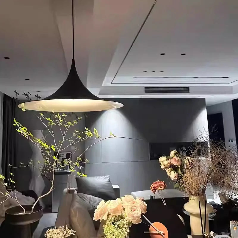 Sculptural Horn Pendant Light, for bar counters and kitchen islands, a medieval horn-inspired silhouette, for restaurant, horn-shaped UFO silhouette