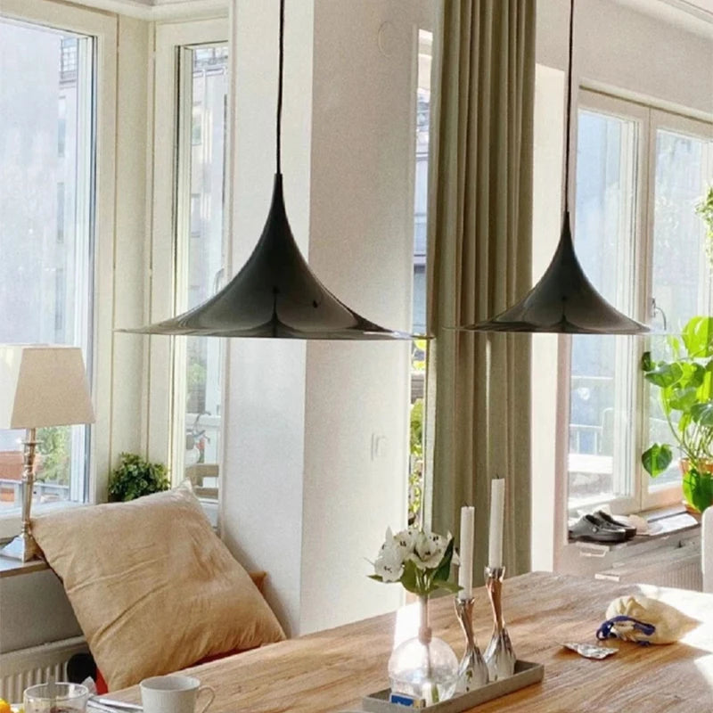 Designer Pendant, for dining tables and bar counters, a pared-back designer silhouette, for dining room, pared-back designer shade