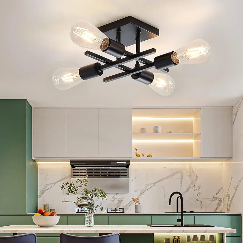 Understated Nordic 4-Light Ceiling Light, for living rooms, bedrooms and studies, for living room, matte black or black-and-gold frame