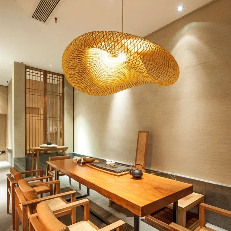 Product photo of the woven bamboo pendant light.