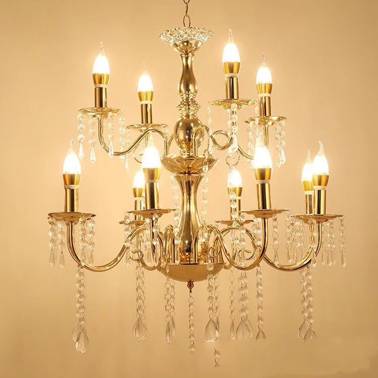 Gold Chandelier with French-Style Curved Arms and Hanging Drops
