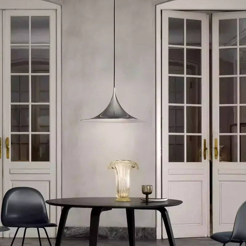 Sculptural Horn Pendant Light, for bar counters and kitchen islands, a medieval horn-inspired silhouette, for restaurant, horn-shaped UFO silhouette