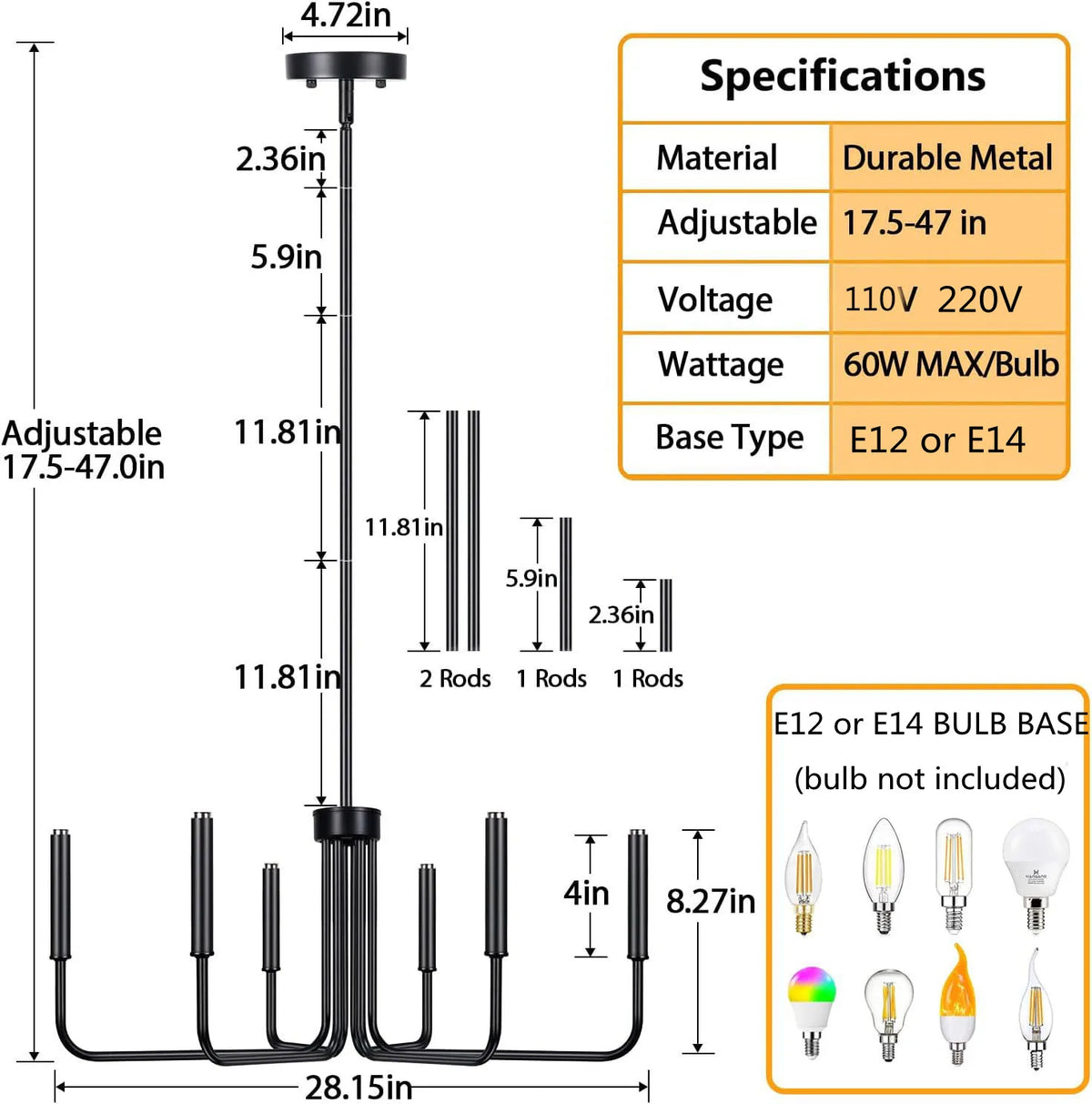 Six-Light Candle Chandelier with Angular Iron Arms