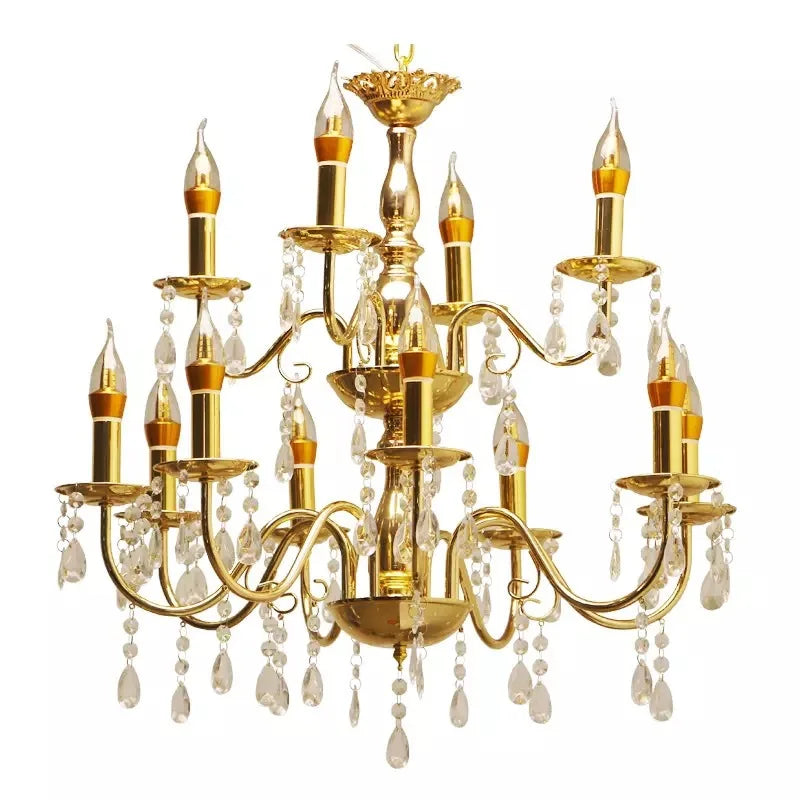 Gold Chandelier with French-Style Curved Arms and Hanging Drops