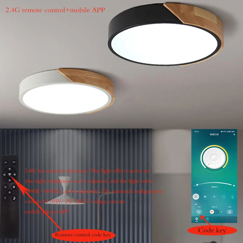 Round LED Ceiling Light with Wood-Effect Accent and Remote Dimming