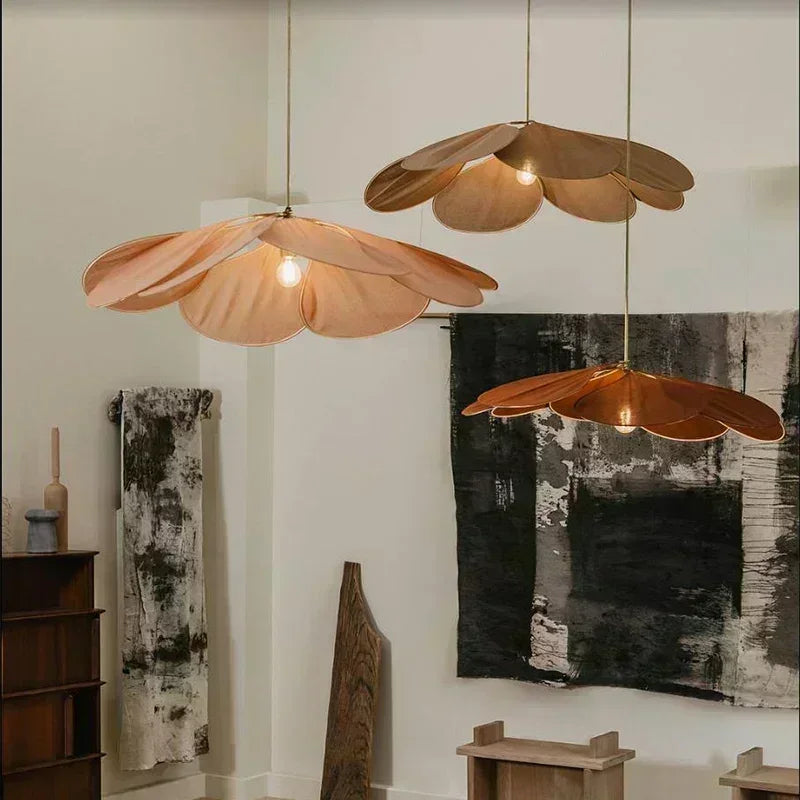 Product photo of the fabric petal pendant light.