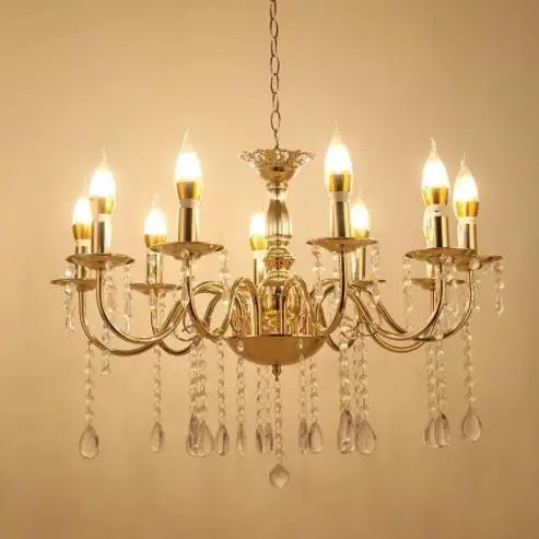 Gold Chandelier with French-Style Curved Arms and Hanging Drops