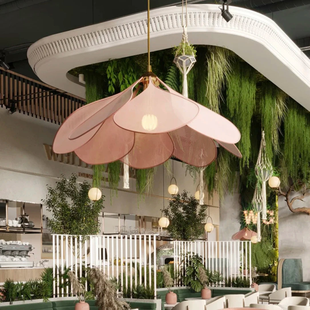 Product photo of the fabric petal pendant light.