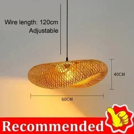 Product photo of the woven bamboo pendant light.