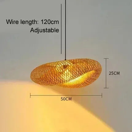 Product photo of the woven bamboo pendant light.