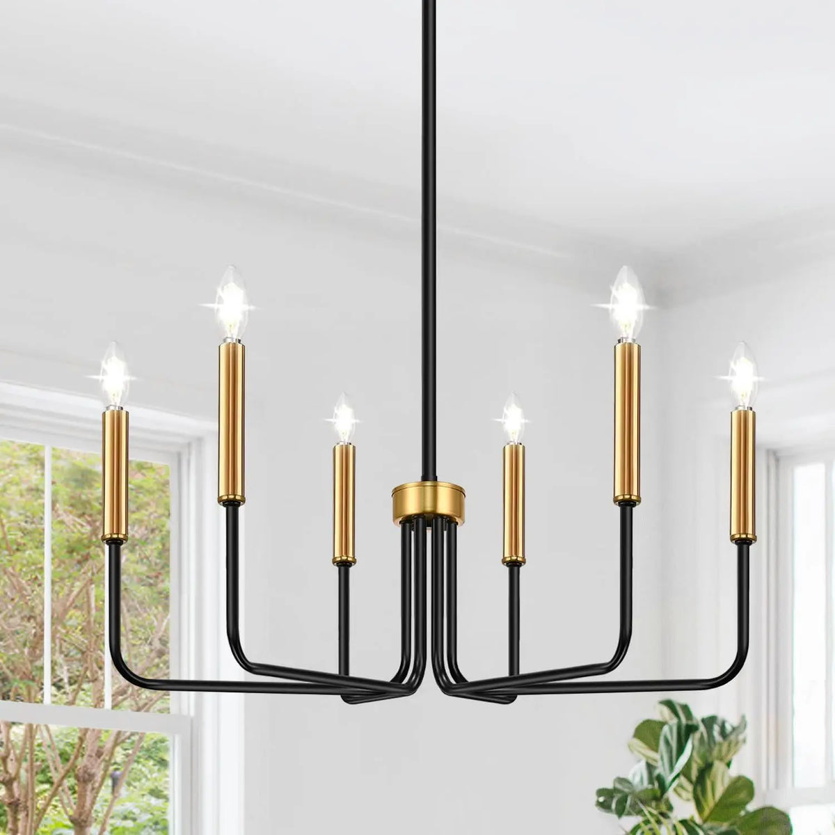Six-Light Candle Chandelier with Angular Iron Arms