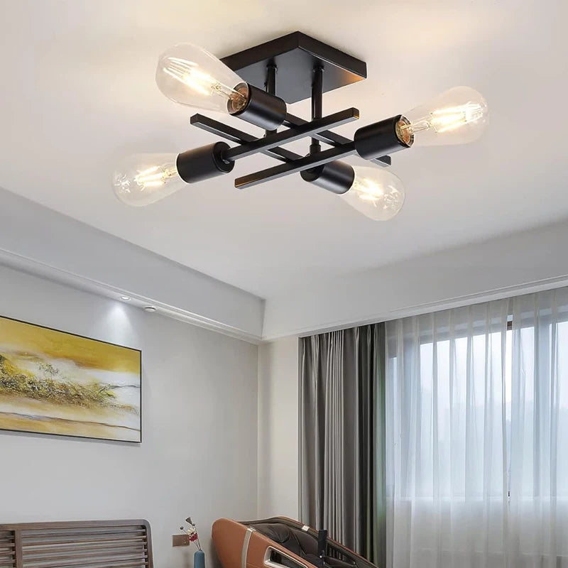Understated Nordic 4-Light Ceiling Light, for living rooms, bedrooms and studies, for living room, matte black or black-and-gold frame
