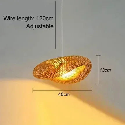 Product photo of the woven bamboo pendant light.
