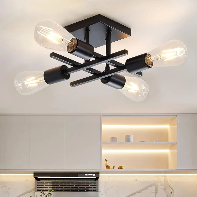 Understated Nordic 4-Light Ceiling Light, for living rooms, bedrooms and studies, for living room, matte black or black-and-gold frame
