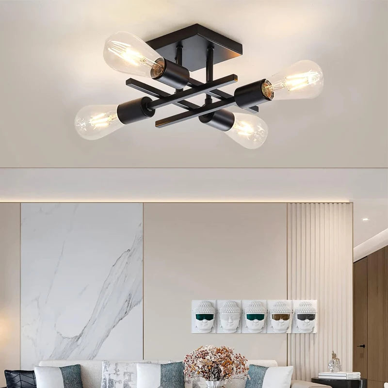 Understated Nordic 4-Light Ceiling Light, for living rooms, bedrooms and studies, for living room, matte black or black-and-gold frame