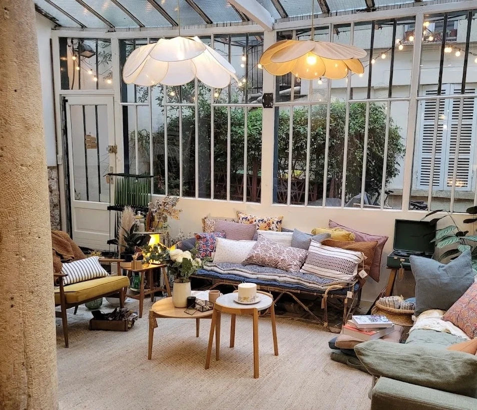 Product photo of the fabric petal pendant light.