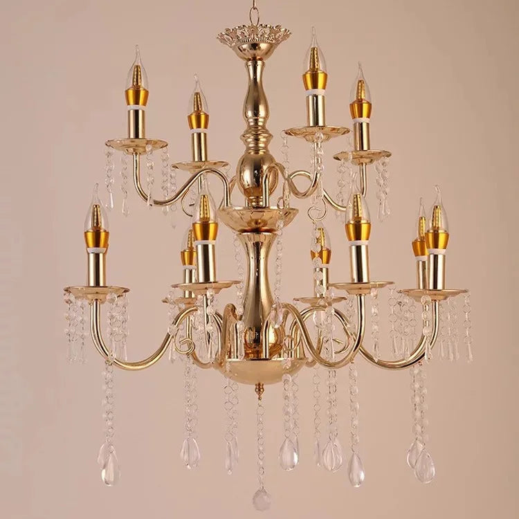 Gold Chandelier with French-Style Curved Arms and Hanging Drops