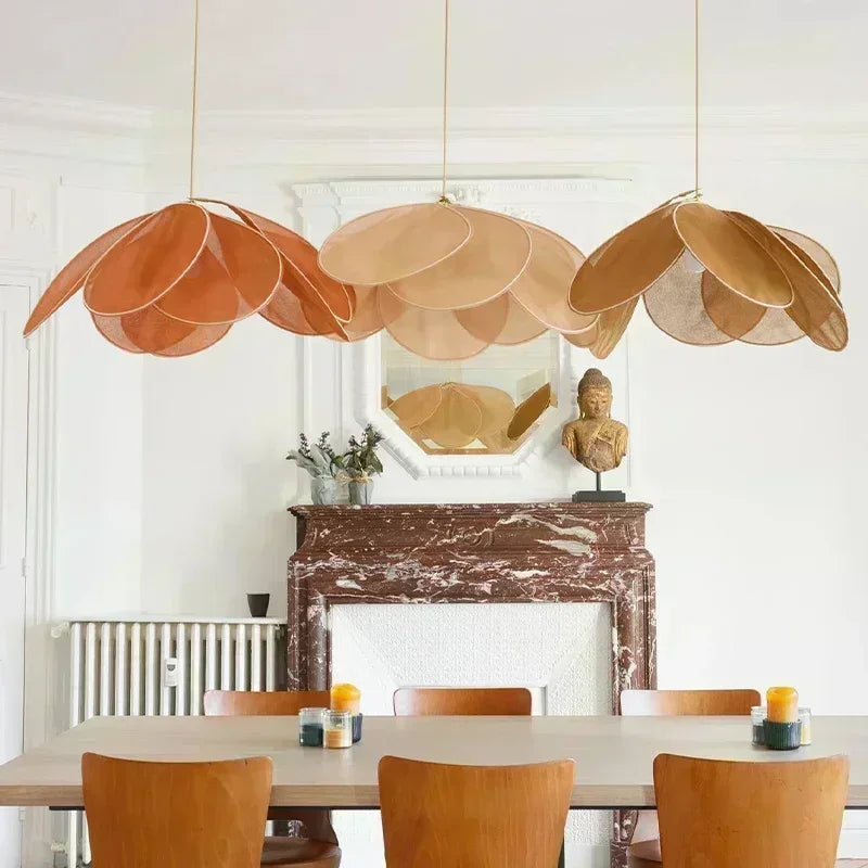 Product photo of the fabric petal pendant light.