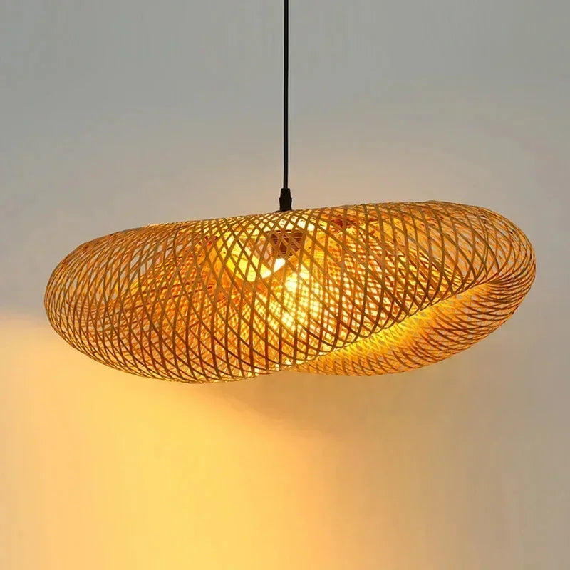 Product photo of the woven bamboo pendant light.