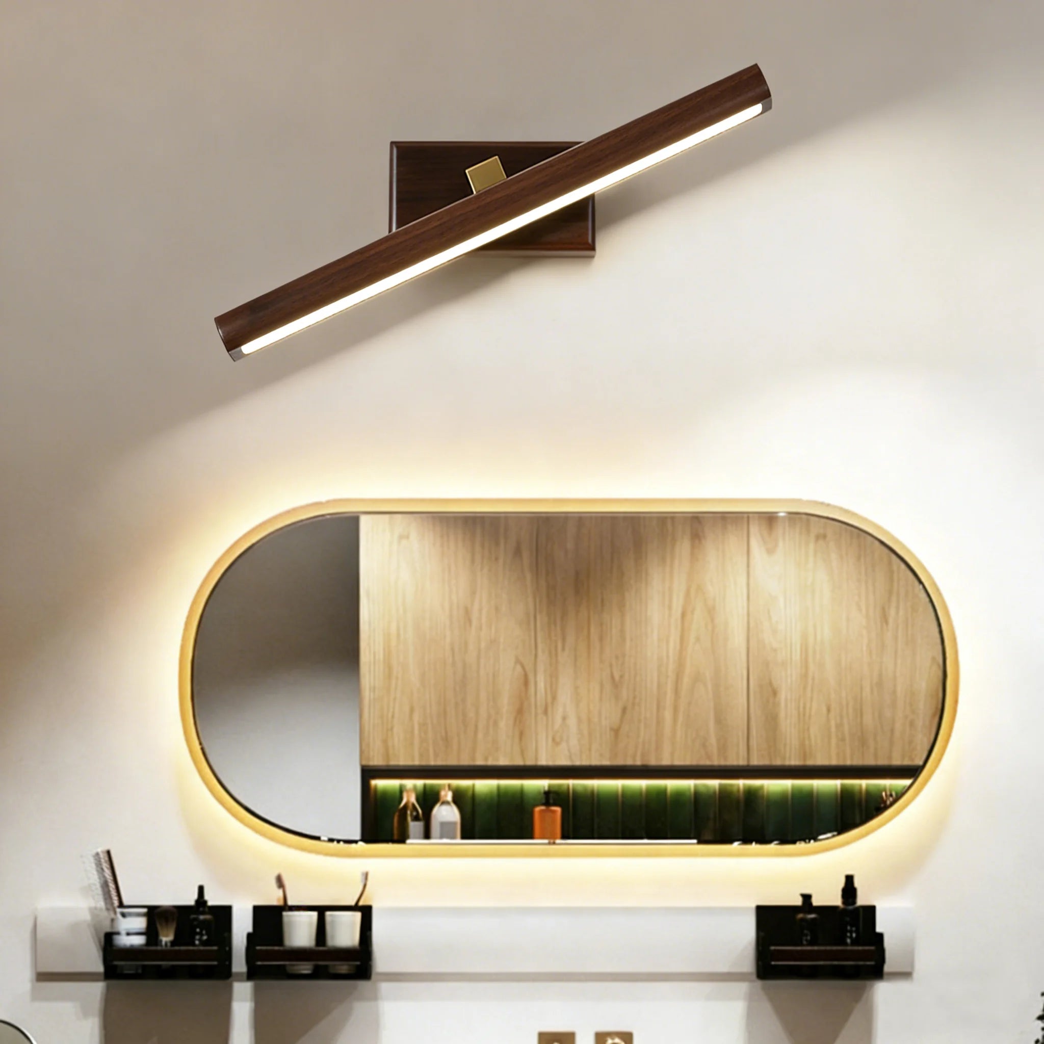 Adjustable Rotatable Wood Vanity Sconce, for dressing tables, mirrors and gallery walls, for bedroom, rotatable wood-tone head