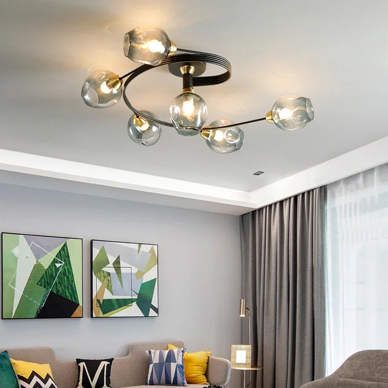 Show-stopping Molecular Glass Chandelier, for open-plan living and dining rooms, for living room, 4-head or 6-head arrangement