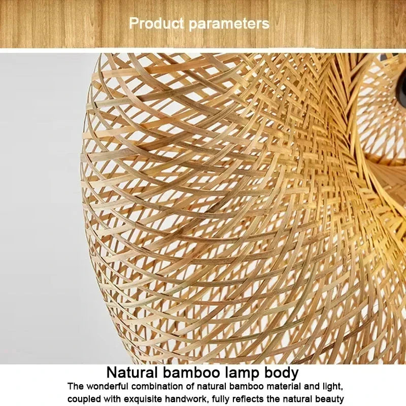 Product photo of the woven bamboo pendant light.