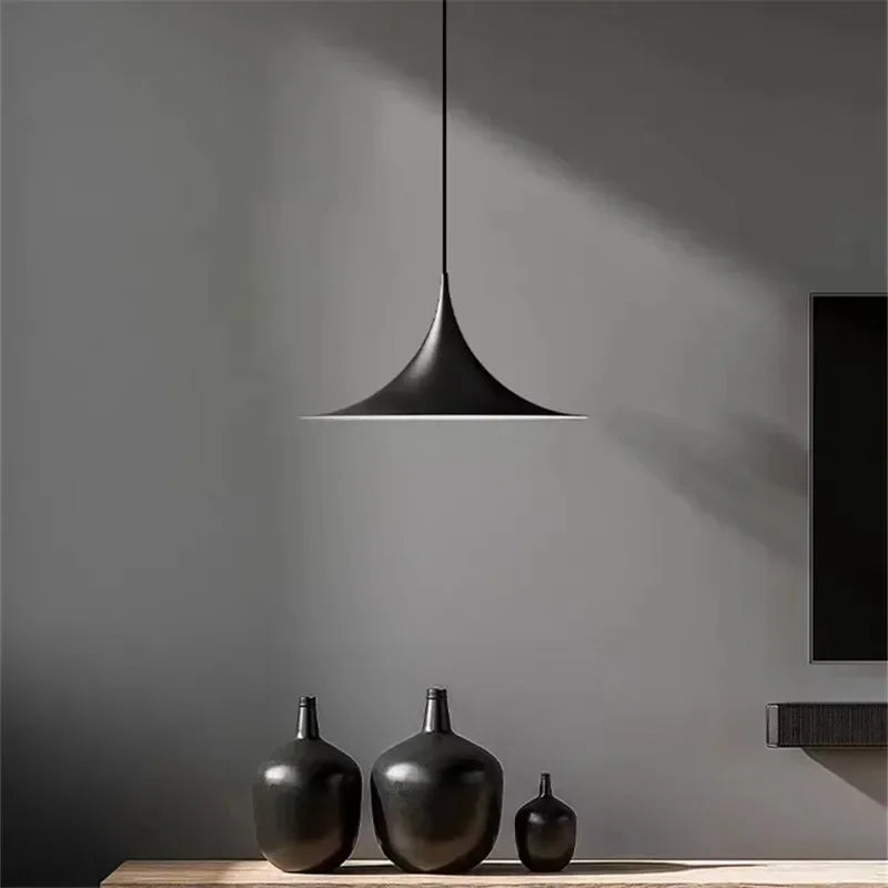 Designer Pendant, for dining tables and bar counters, a pared-back designer silhouette, for dining room, pared-back designer shade