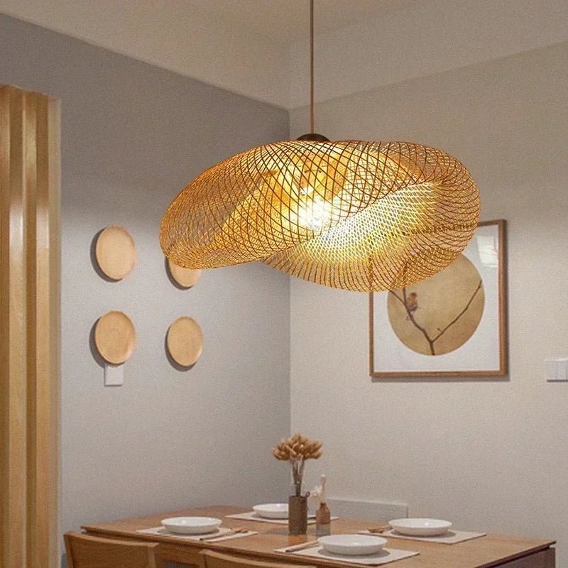 Product photo of the woven bamboo pendant light.