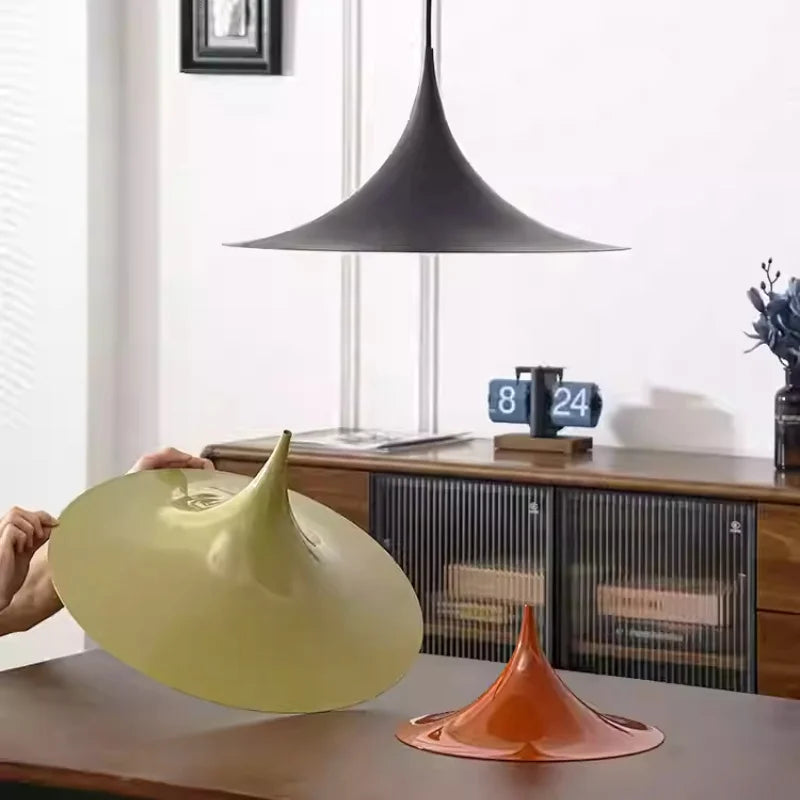 Sculptural Horn Pendant Light, for bar counters and kitchen islands, a medieval horn-inspired silhouette, for restaurant, horn-shaped UFO silhouette