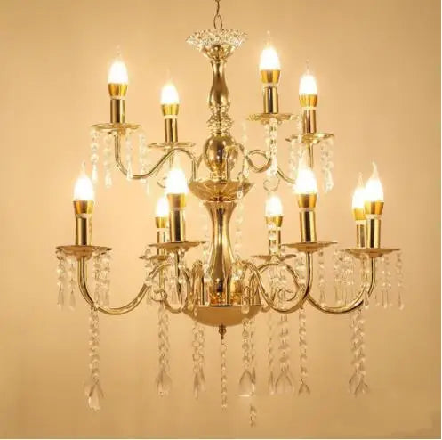 Gold Chandelier with French-Style Curved Arms and Hanging Drops