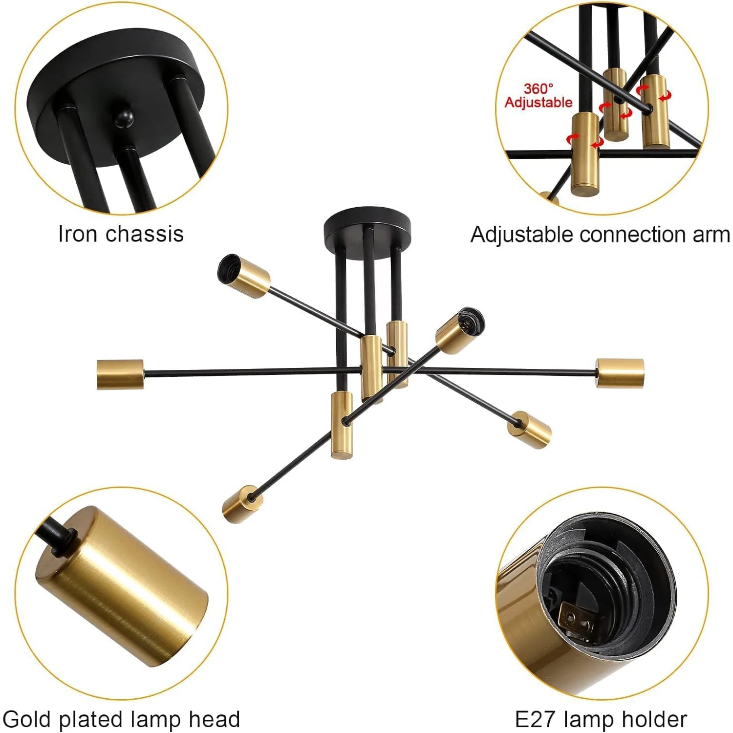 Statement Industrial Ceiling Chandelier, for living rooms with high ceilings, for living room, gold six-light ring