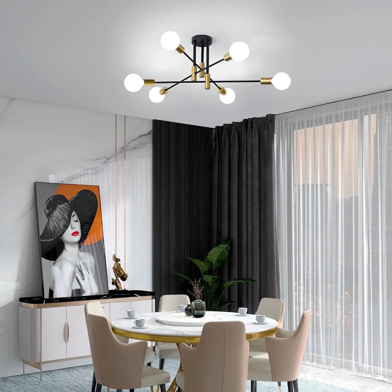 Statement Industrial Ceiling Chandelier, for living rooms with high ceilings, for living room, gold six-light ring