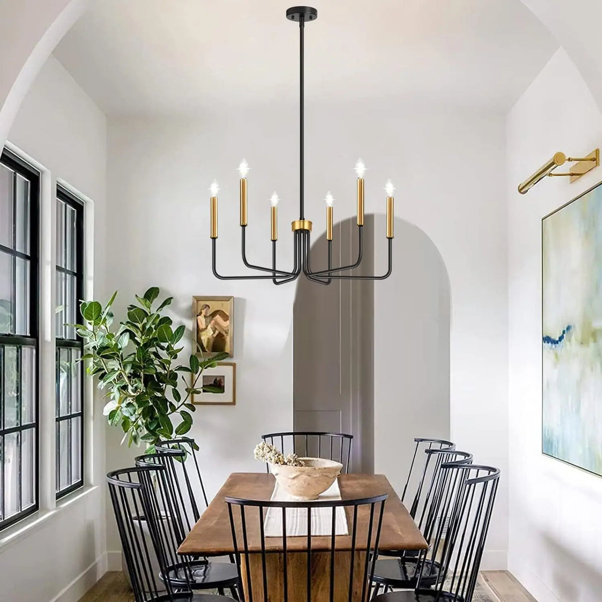 Six-Light Candle Chandelier with Angular Iron Arms