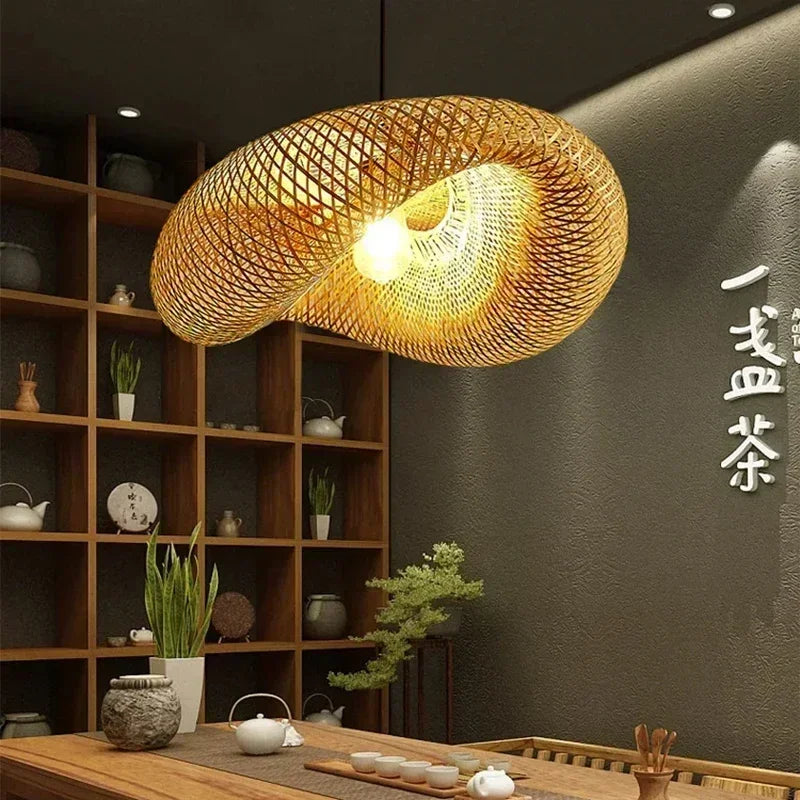 Product photo of the woven bamboo pendant light.