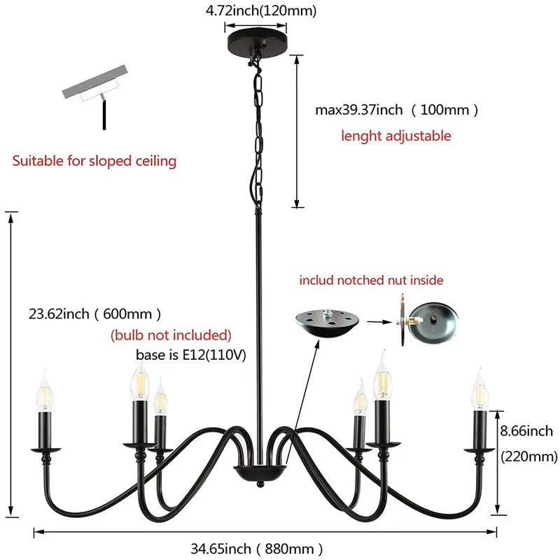 Candle Chandelier with Sweeping Curved Arms in Black or Gold