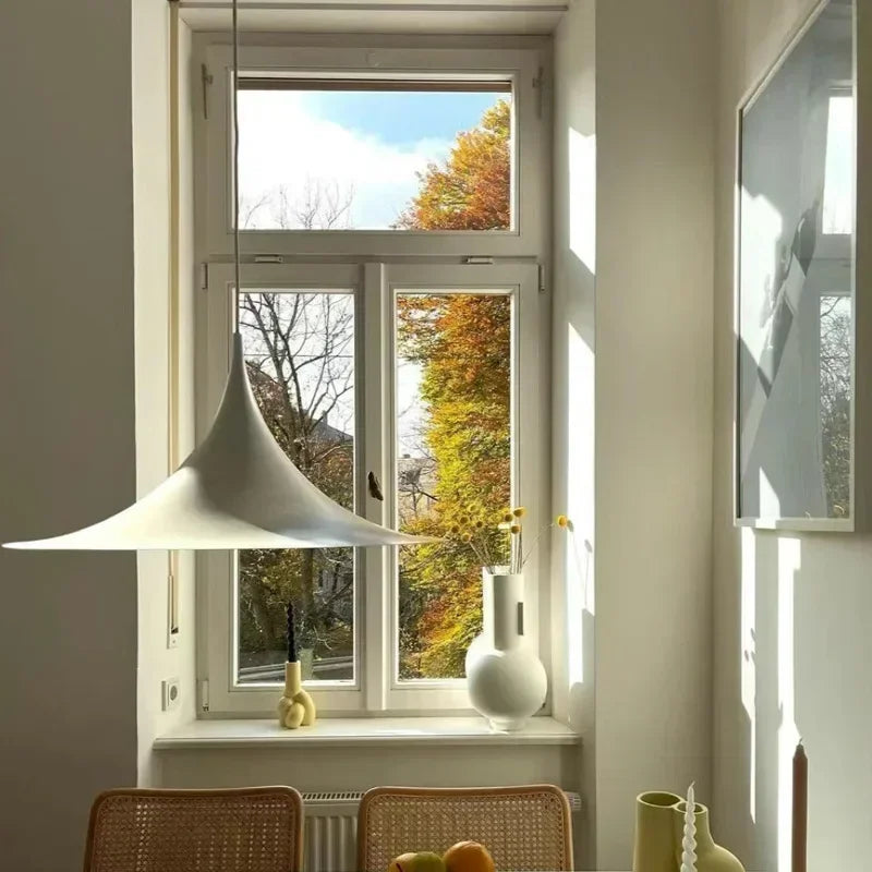 Designer Pendant, for dining tables and bar counters, a pared-back designer silhouette, for dining room, pared-back designer shade
