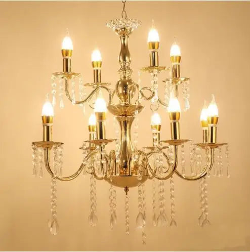 Gold Chandelier with French-Style Curved Arms and Hanging Drops