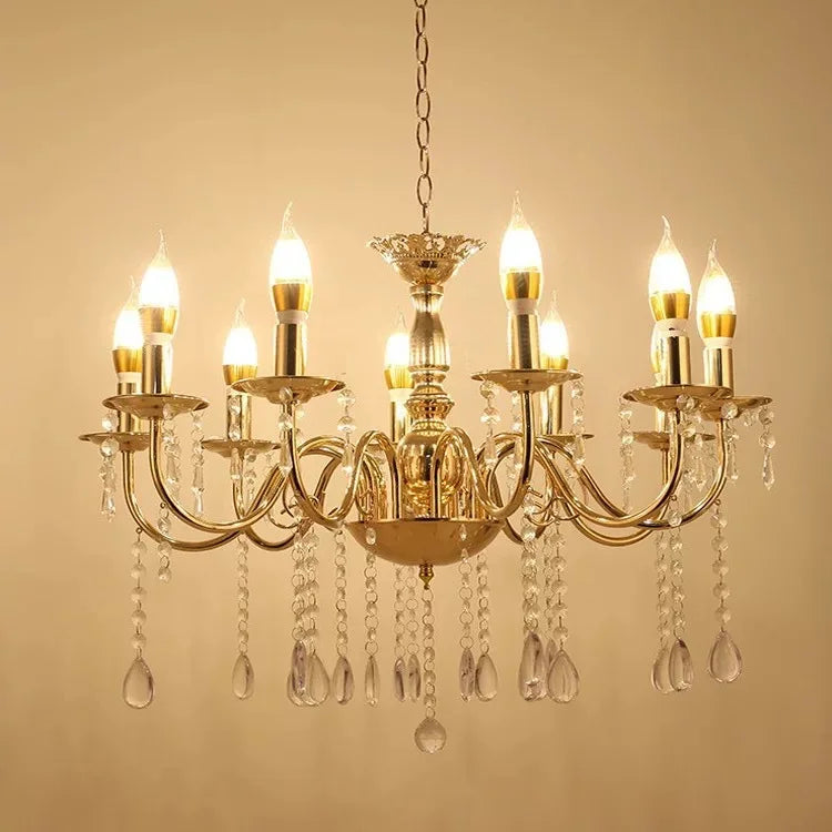 Gold Chandelier with French-Style Curved Arms and Hanging Drops