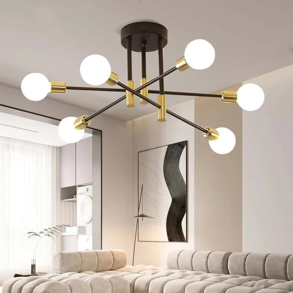 Statement Industrial Ceiling Chandelier, for living rooms with high ceilings, for living room, gold six-light ring