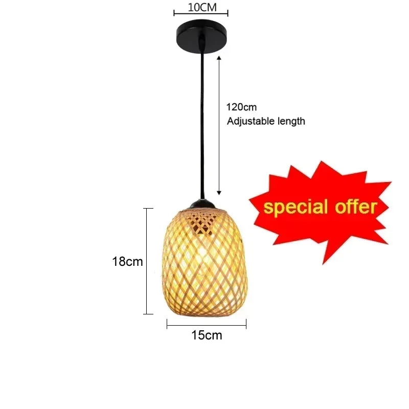 Bamboo Hand Weaving Pendant Lights 38Cm Hanging LED Ceiling Lamp Chandelier Fixture Rattan Hand Craft Woven Home Bedroom Decor