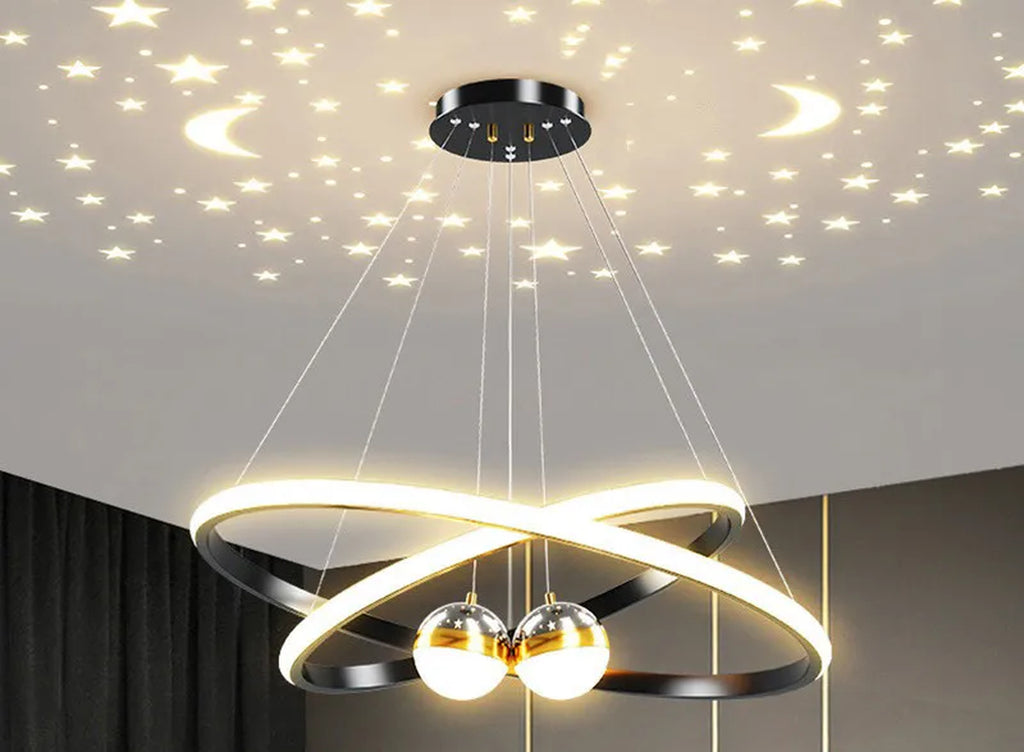 Modern LED Ring Chandelier with Moon & Star Design – Black or Gold Ceiling Light for Living Room, Dining Room, Bedroom & Entryway