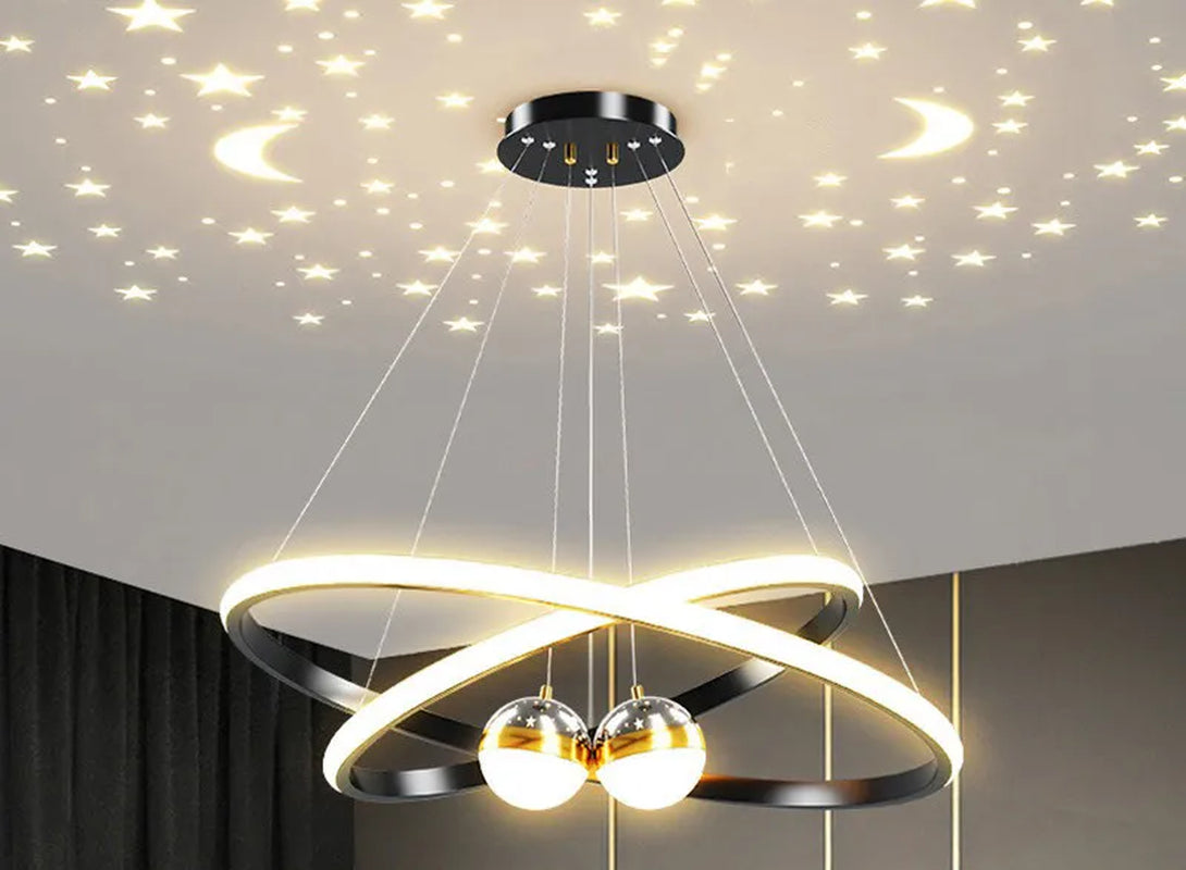 Modern LED Ring Chandelier with Moon & Star Design – Black or Gold Ceiling Light for Living Room, Dining Room, Bedroom & Entryway