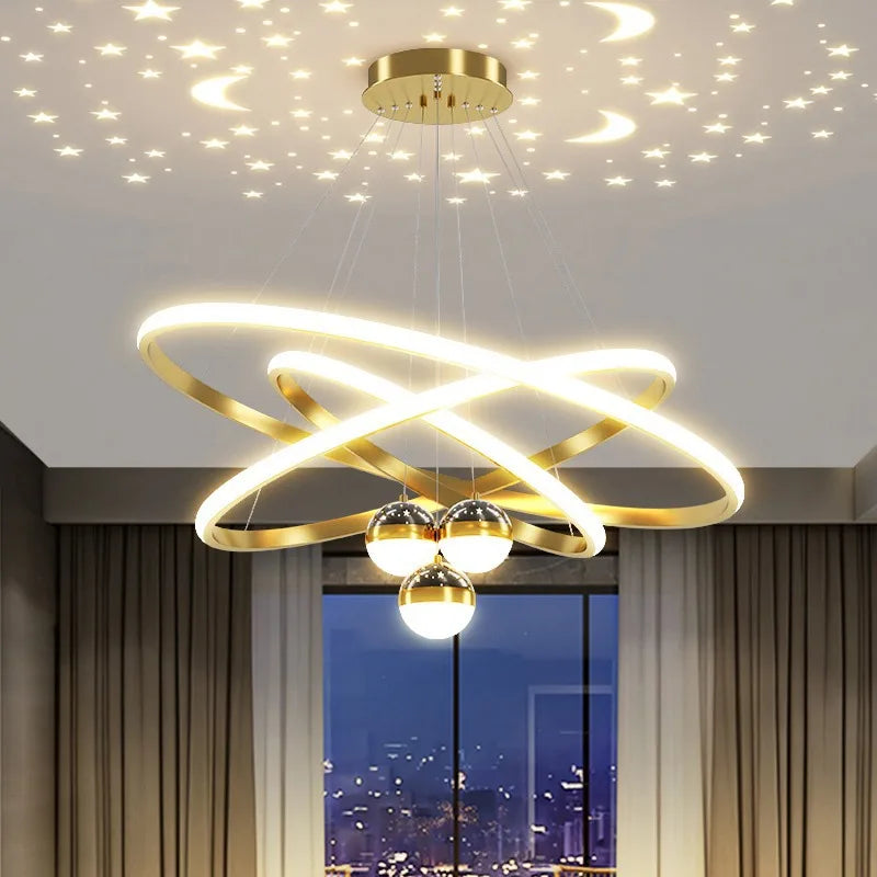 Modern LED Ring Chandelier with Moon & Star Design – Black or Gold Ceiling Light for Living Room, Dining Room, Bedroom & Entryway
